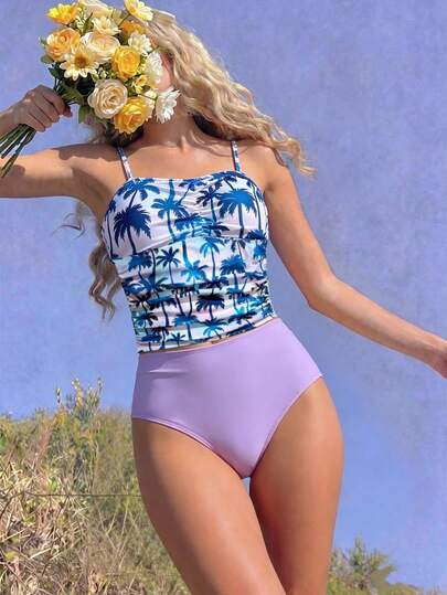 SHEIN Girls' Coconut Tree Print 2 Pieces Bikini Set/Random Print/Fashionable Casual Elegant Suitable For Swimming, Summer Vacation, Beach, Pool, Holiday Party