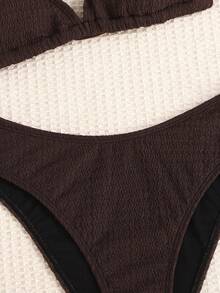 SHEIN Teen Girl Summer Beach Solid Color Halter Neck Swimsuit Set - Khaki - View 4