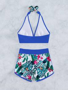 Summer Beach Tropical Print Halter Bikini - Blue - View 2