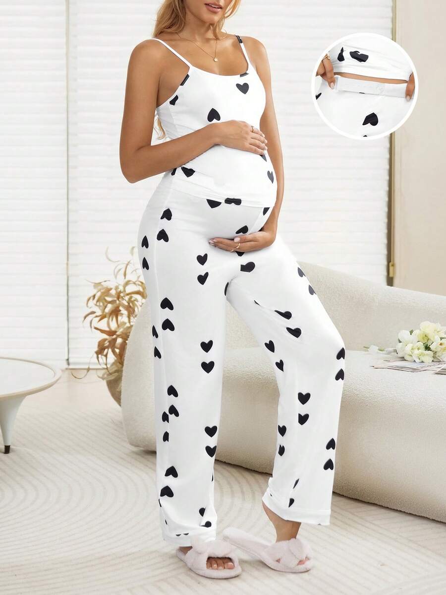 SHEIN 孕妇爱心印花针织吊带背心和裤子套装 - 彩色 - 查看 1