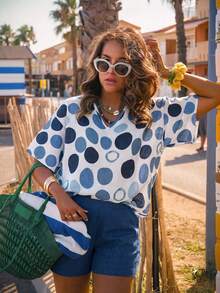 Breezaya 2026 女士夏季度假新款波点印花 V 领休闲短裤，宽松舒适 V 领七分袖上衣两件套 - 藍色 - 查看 5