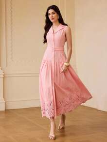 ZEYLAH Đầm dài thêu họa tiết ôm eo, cổ áo blazer, thích hợp cho mùa xuân/hè. - Hồng - Xem 6