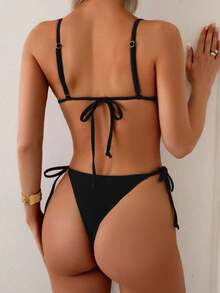 SHEIN Swim SXY 2pcs/Set Women Solid Color Metal Decor Vacation Casual Bikini Set For Summer - Black - View 2