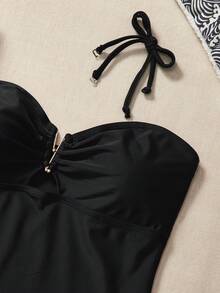 Swim Basics 热销海滩度假黑色性感连体泳衣，修身腰部设计，适合游泳、海滩度假、派对 - 黑色 - 查看 4