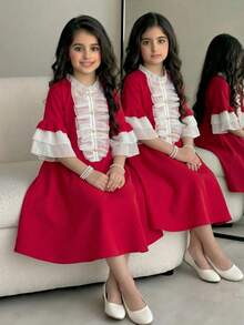 SHEIN 少女优雅撞色网纱荷叶边连衣裙 - 紅色 - 查看 2