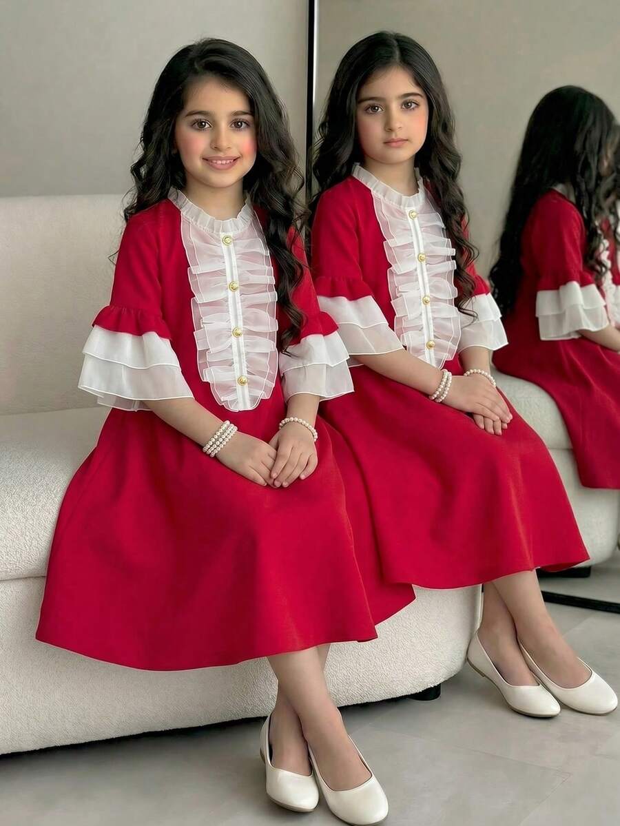 SHEIN Đầm ren phối lưới tương phản thanh lịch cho bé gái tuổi teen với viền bèo nhún. - Đỏ - Xem 1