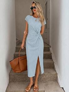 Easowa 女士腰部扭结条纹中长连衣裙，百搭夏季度假休闲时尚 - 彩色 - 查看 5