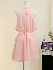 GlowEve Women's Baby Pink Satin Patchwork Halter Neck Tie-Waist Sleeveless Short Dress, Summer Elegant Romantic Sexy Casual Party Golf Date Wedding - Pink - View 2