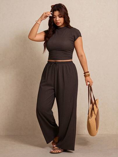 Elaquor Plus Size Women 2pcs Set: Textured Pleated T-Shirt And Casual Bowknot Decorated Pants