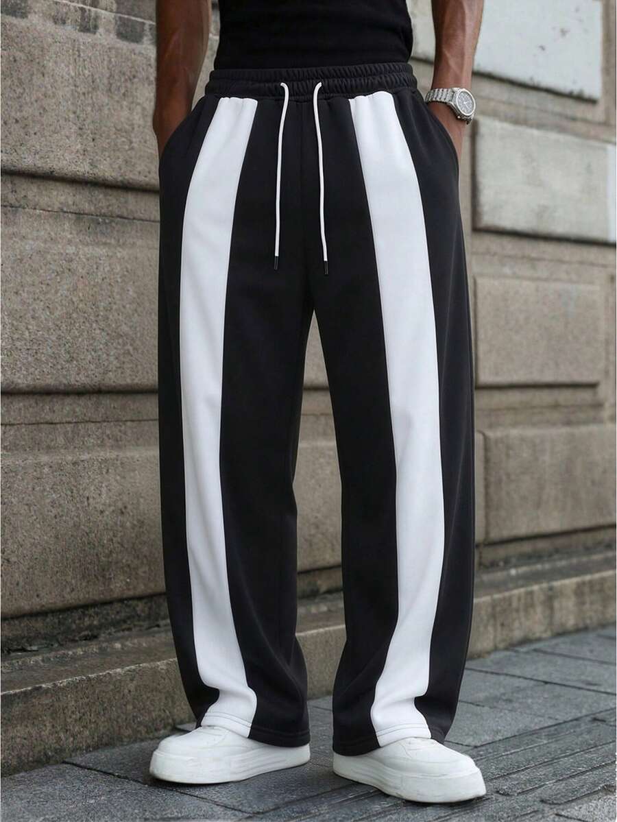 Manfinity EMRG Men's Knit Casual Straight Leg Color Block Pants - Black - View 1