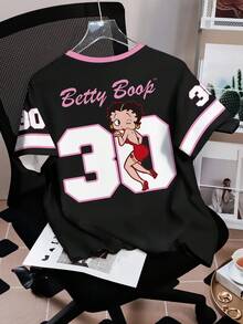 Betty Boop x SHEIN 女士字母和卡通人物印花圆领短袖T恤 - 白色 - 查看 2