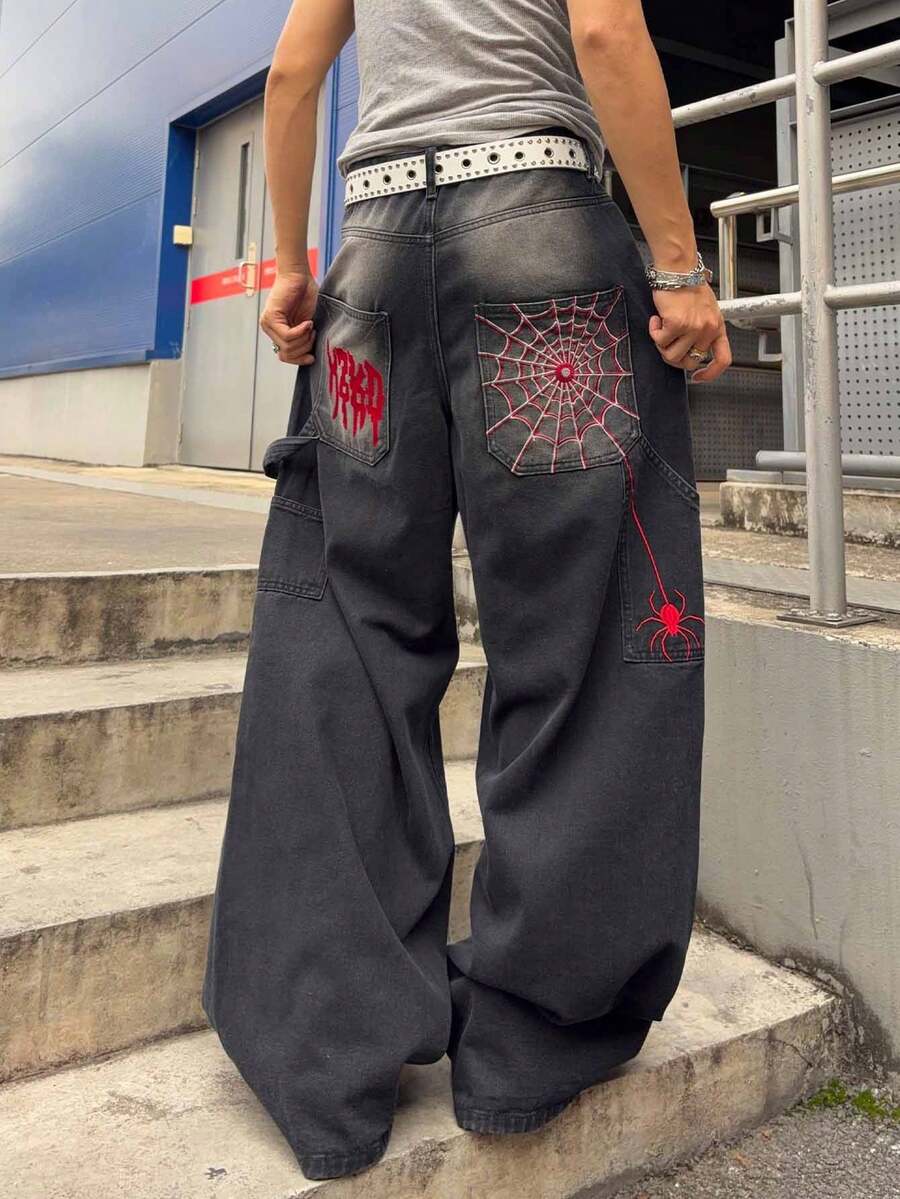 ROMWE MEN Men's Loose Fit Spider Embroidery Design Jeans - Black - View 1