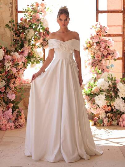 Glamrae Elegantes weißes luxuriöses Satin handgefertigtes 3D-Blumen-Einschulter-Extragroßes Brautkleid