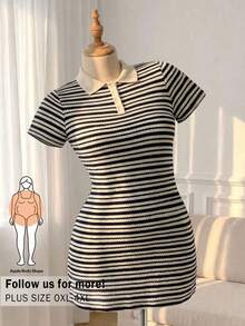 CosyJoli Plus Size Half-Zip Striped Casual Short Sleeve Summer Versatile Dress - Navy Blue - View 4