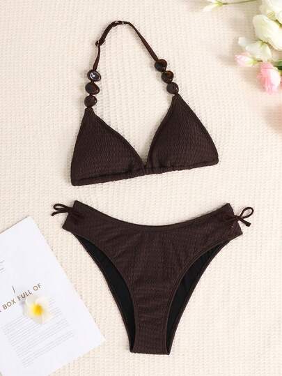 SHEIN Teen Girl Summer Beach Vacation Minimalist Solid Color Textured Fabric Halter Bikini Set