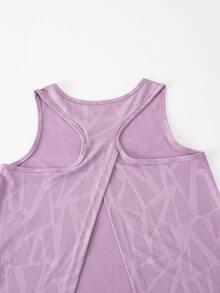 Tween Girls' Purple Summer Athletic Modest Gym Sports Shorts Set,Geometric Print Mesh Tank Top With Cutout High-Waisted Shorts,Yoga Running Track Suit - Purple - View 6