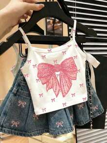 SHEIN Parte superior de camisola estilo minimalista casual coreano, con estampado elegante y delicado de lazo, adecuado para verano, cómodo y con estilo para niñas, primavera y verano - Blanco - Ver 6