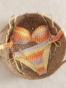 Swim Vcay Damen 2-teiliges Badeanzug Set, sexy elegantes minimalistisches Design mit verstellbaren Trägern, handgefertigter Perlenschmuck, Zufallsfarbe, geeignet für Strandurlaub, Frühling/Sommer - Verschiedenfarbig - Übersicht 5