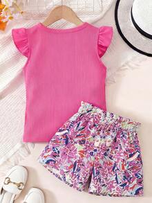 SHEIN 2pcs/Set Young Girl Ribbed Crew Neck Ruffle Sleeve T-Shirt And Bow Print Decorated Shorts - Hot Pink - View 2