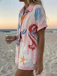 Vaclyn Women's Summer Vacation Casual Printed Shirt & Shorts 2 Pieces Set - Baby Pink - View 3