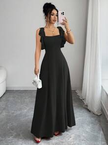 Elenzga Đầm nữ mùa xuân/hè mới, thanh lịch, tối giản, cao cấp, phù hợp cho mặc hàng ngày, dự tiệc, tiệc chiêu đãi, tiệc trà, thiết kế viền bèo nhún, đầm chữ A màu đỏ thắt eo. - màu đen - Xem 3