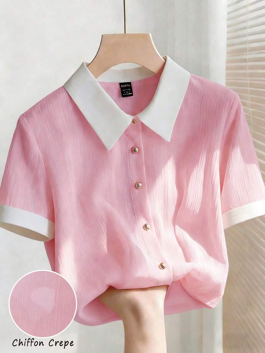 SHEIN Franclia Áo sơ mi nữ thanh lịch màu hồng nhạt chất liệu chiffon nhăn, cổ trắng, tay ngắn, dáng rộng. - Màu Hồng baby - Xem 1