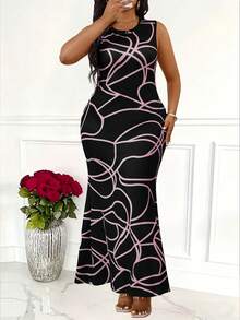 Plus Size Summer Casual All-Over Print Round Neck Fishtail Hem Sleeveless Dress - Black - View 1