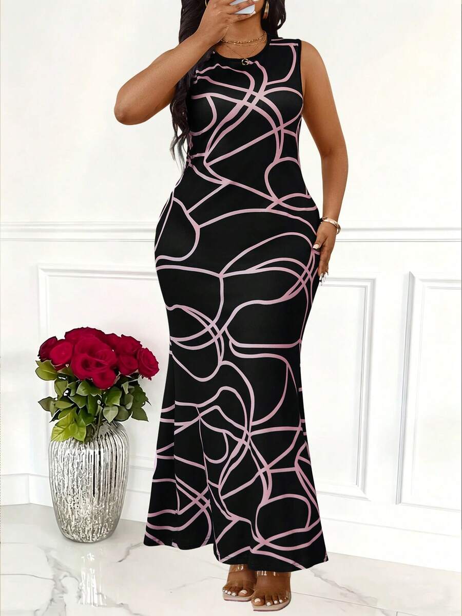 Plus Size Summer Casual All-Over Print Round Neck Fishtail Hem Sleeveless Dress - Black - View 1