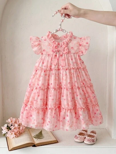 SHEIN 4-7 Yaş Arası Kız Çocuklar İçin 3 Boyutlu Fiyonklu Çiçek Desenli Kolsuz Prenses Elbise, Rahat ve Nefes Alabilir, Günlük Kullanım, Tatil, Festivaller, İlkbahar ve Yaz Mevsimi İçin Uygundur