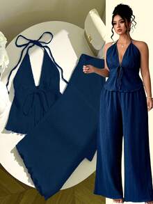 Elenzga Plus Size Women's Knit Minimalist Fashion Vacation Style Sexy Halter Deep V Tie Waist Ruffle Hem Top And Wide Leg Pants 2-Piece Set - Teal Blue - View 9