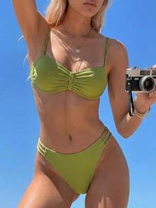 SHEIN Swim Vcay Spring/Summer Mint Green Shiny Knit Fabric Ruched Bust Crisscross Strap Backless Top Paired With Matching Side Tie High Leg Triangle Bottoms Casual Vacation Style Women 2-Piece Set - Green - View 3