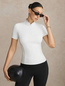 Activina Women's Stand Collar Studded Decor Casual Daily Riding Shirt Short Sleeve Top Crystal Design White Elegant Summer - White - View 7