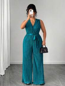 Elenzga Große Größen Damen Vintage Minimalistische ärmellose V-Ausschnitt Falten Taille Gürtel Lang Jumpsuit, Grün - Grün - Übersicht 4