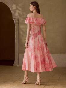 MOTF PREMIUM 女士单肩荷叶边印花连衣裙，优雅夏季 - 粉色 - 查看 3