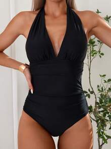 Swim Basics Traje De Baño De Una Pieza Sin Respaldo De Color Sólido Con Tirantes De Cuello Halter - Negro - Ver 5