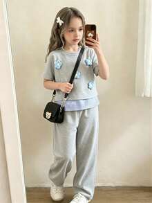 Souflis Souflis 2pcs Young Girl Korean Style Loose Fit Apricot Floral Embroidered T-Shirt Set,Summer Short Sleeve Striped Hem Tee & Wide Leg Pants,Back-To-School - Light Grey - View 3