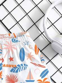 Young Boys' White Summer Holiday Vacation Casual Comfortable Leaf,Sailboat,Wave,Letter Graphic Short Sleeve T-Shirt,Suitable For Spring Outings - Multicolor - View 4