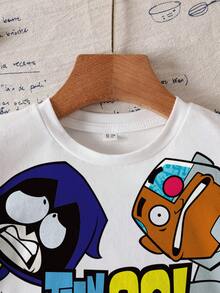 Teen Titans Go X SHEIN Áo thun ngắn tay cổ tròn in chữ và hoạt hình cho bé trai - trắng - Xem 5