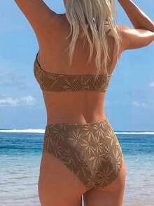 Swim Lushoire Bộ bikini hai lớp cạp cao, dây mảnh có thể tháo rời, thích hợp cho kỳ nghỉ hè, đi biển, dành cho nữ, kiểu dáng thanh lịch, bán chạy nhất, chất liệu vải có họa tiết, lưới khoét lỗ và vải màu trơn. - Lạc đà - Xem 2