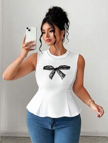 SHEIN Clasi Plus Size Women Elegant Casual Bow Lace Print Beaded Sleeveless Stretchy Fitted Blouse Gym Brown Summer - White - View 1
