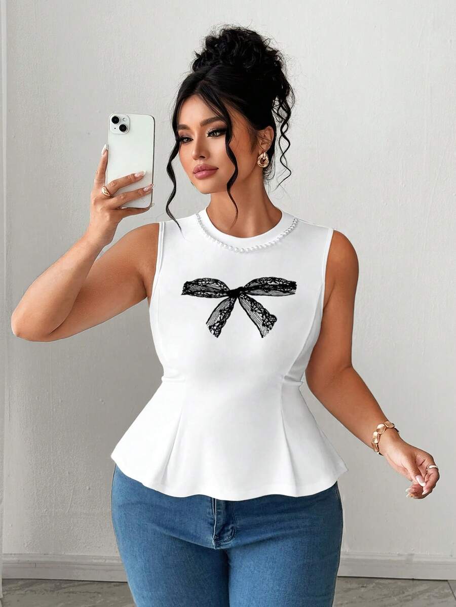 SHEIN Clasi Plus Size Women Elegant Casual Bow Lace Print Beaded Sleeveless Stretchy Fitted Blouse Gym Brown Summer - White - View 1
