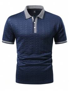 Manfinity Joysei Men's Knitted Jacquard Solid Color Textured Collar Sleeve Hem Ribbed 3-Button Polo Shirt - Royal Blue - View 4