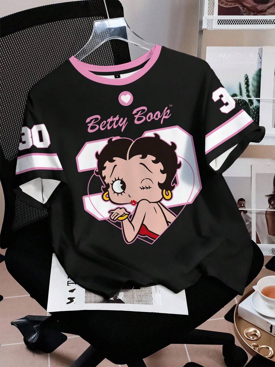 Betty Boop x SHEIN 女士字母和卡通人物印花圆领短袖T恤 - 白色 - 查看 1