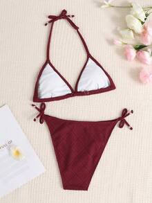 SHEIN Bộ bikini hai dây buộc cổ mùa hè dành cho thiếu nữ đi biển - Màu Đỏ Sâu - Xem 2