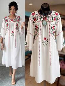 Qadelle Đầm nữ màu trắng cổ tròn tay phồng thêu họa tiết retro, kiểu dáng chữ A, thanh lịch, thời trang thành thị, thích hợp cho mặc hàng ngày, đám cưới, tiệc tối, đi làm, tiệc tốt nghiệp, lễ hội, kỳ nghỉ, hẹn hò, tiệc tùng, Halloween, Giáng sinh, Năm mới, Lễ Tạ ơn, đám cưới, đầm nữ tay ngắn dệt kim in kỹ thuật số retro màu trắng, kiểu dáng thường ngày, thích hợp cho mùa xuân hè. - trắng - Xem 4