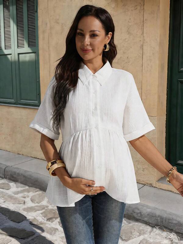 SHEIN Maternity White Silky Sommar Smart Casual Met Gala Shirt,Solid Color Pleated Summer Blouse For Women,Modern Linen Business Casual Tunic Tops