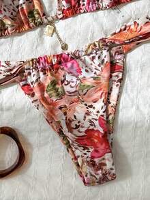 Swim Vcay 2025 女款全印花露背比基尼套裝，米色夏季波希米亞風海灘度假隨機花卉兩件套優雅泳衣度假穿搭 - 彩色 - 查看 4