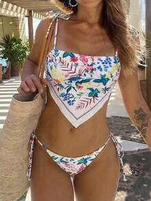 Bonvoyette Đồ bơi thời trang mới nhất dành cho nữ, bộ đồ hai mảnh gồm áo croptop hai dây thắt nơ in hoa phong cách đồng quê, thích hợp cho kỳ nghỉ hè. - Nhiều màu - Xem 9