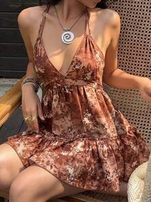 Sunnyshic Đầm nữ phong cách thường ngày, họa tiết paisley retro, hở lưng, dây buộc, cổ nơ, thích hợp cho kỳ nghỉ và đi chơi, mùa xuân/hè. - Màu Cam cháy - Xem 3