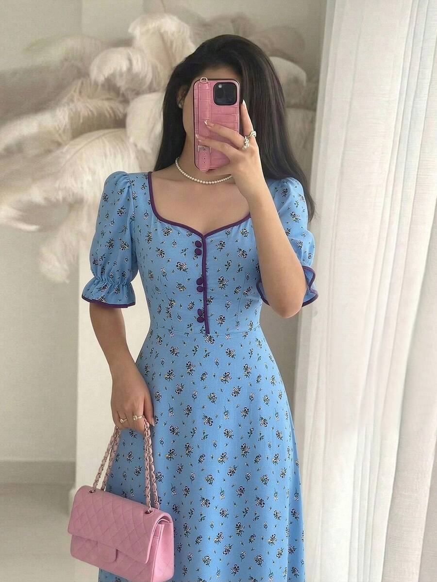 Modelyn 女士碎花甜心领连衣裙长款女装 - 藍色 - 查看 1